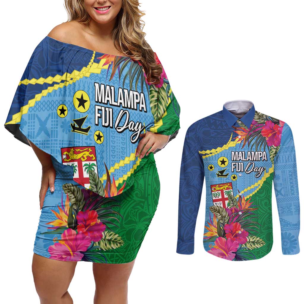 Personalized Malampa Fiji Day Together We Grow Couples Matching Off Shoulder Short Dress and Long Sleeve Button Shirt Special Tapa Mix LT7 Colorful - Polynesian Pride