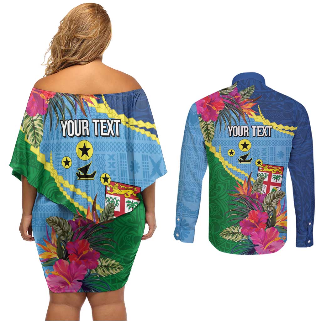 Personalized Malampa Fiji Day Together We Grow Couples Matching Off Shoulder Short Dress and Long Sleeve Button Shirt Special Tapa Mix LT7 - Polynesian Pride