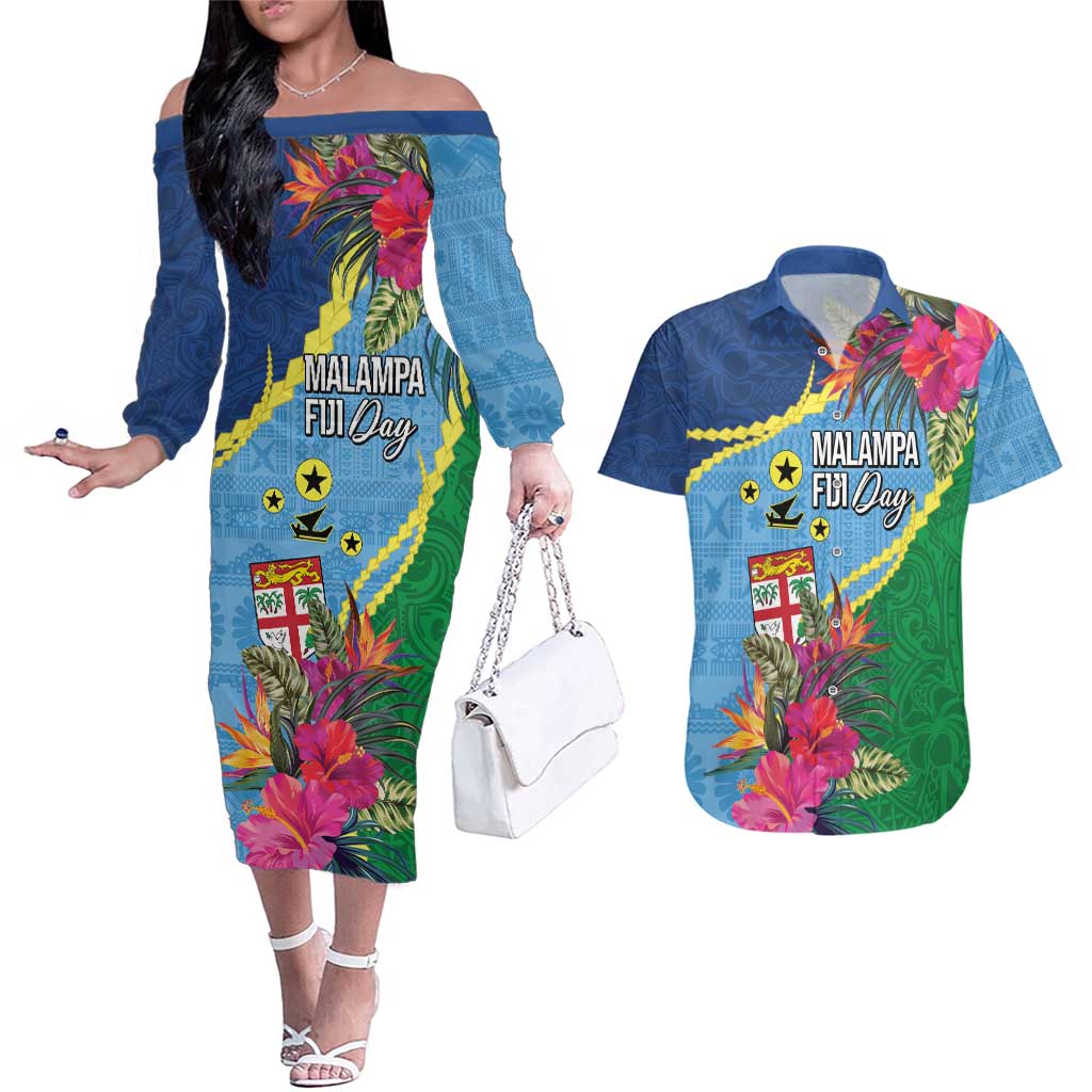 Personalized Malampa Fiji Day Together We Grow Couples Matching Off The Shoulder Long Sleeve Dress and Hawaiian Shirt Special Tapa Mix - Polynesian Pride