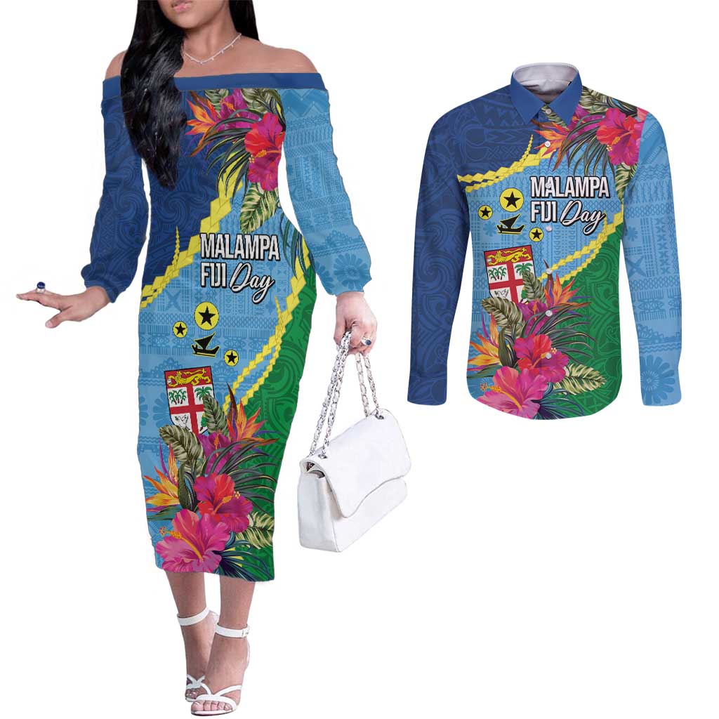 Personalized Malampa Fiji Day Together We Grow Couples Matching Off The Shoulder Long Sleeve Dress and Long Sleeve Button Shirt Special Tapa Mix LT7 Colorful - Polynesian Pride