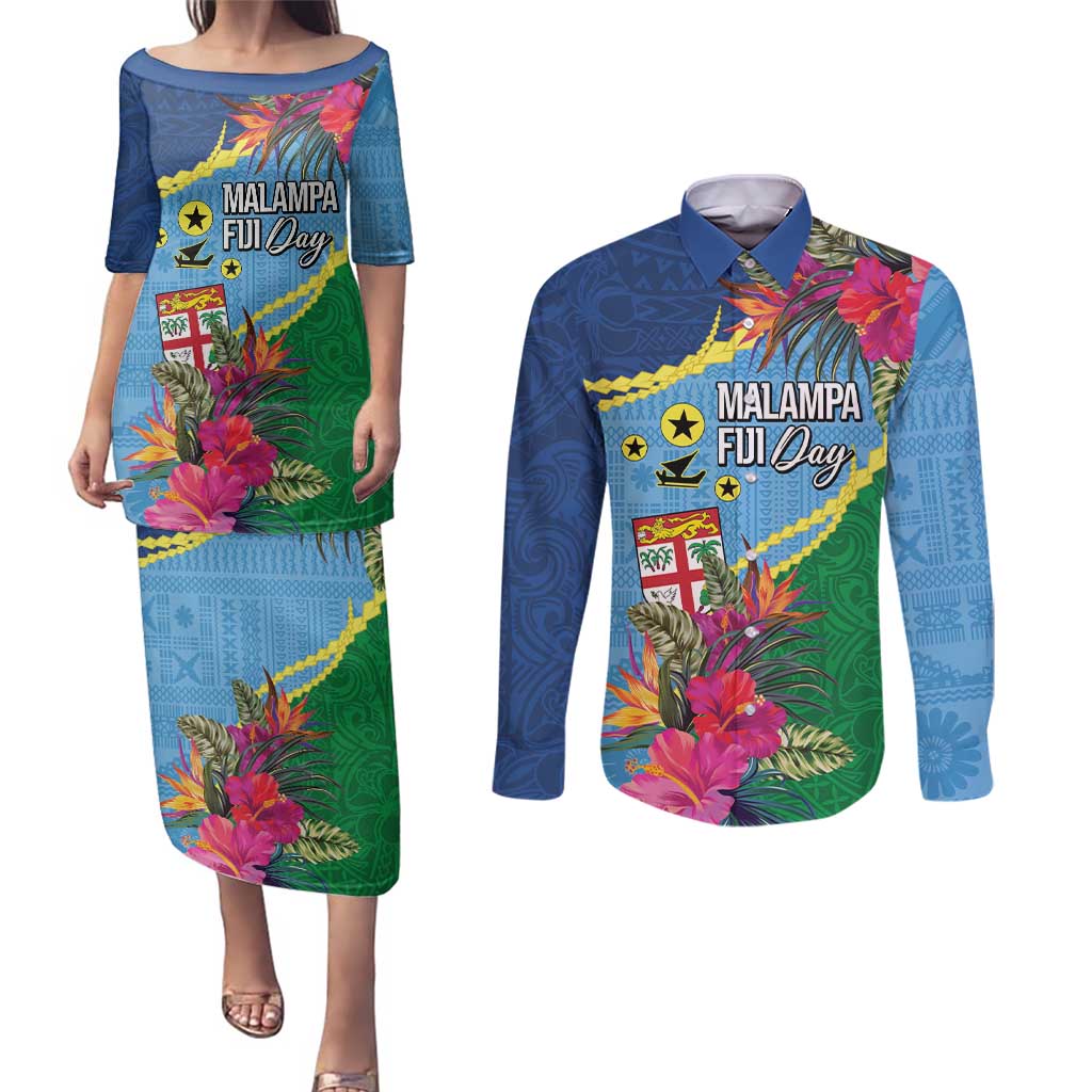 Personalized Malampa Fiji Day Together We Grow Couples Matching Puletasi and Long Sleeve Button Shirt Special Tapa Mix LT7 Colorful - Polynesian Pride