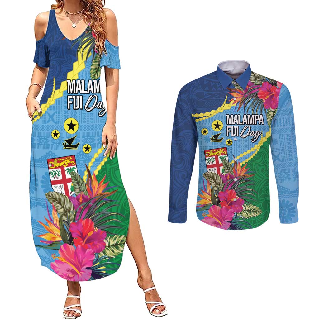 Personalized Malampa Fiji Day Together We Grow Couples Matching Summer Maxi Dress and Long Sleeve Button Shirt Special Tapa Mix LT7 Colorful - Polynesian Pride
