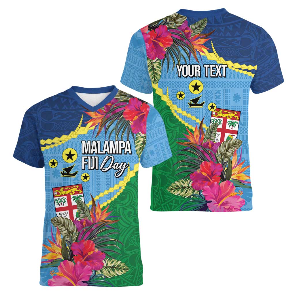 Personalized Malampa Fiji Day Together We Grow Women V-Neck T-Shirt Special Tapa Mix LT7 - Polynesian Pride