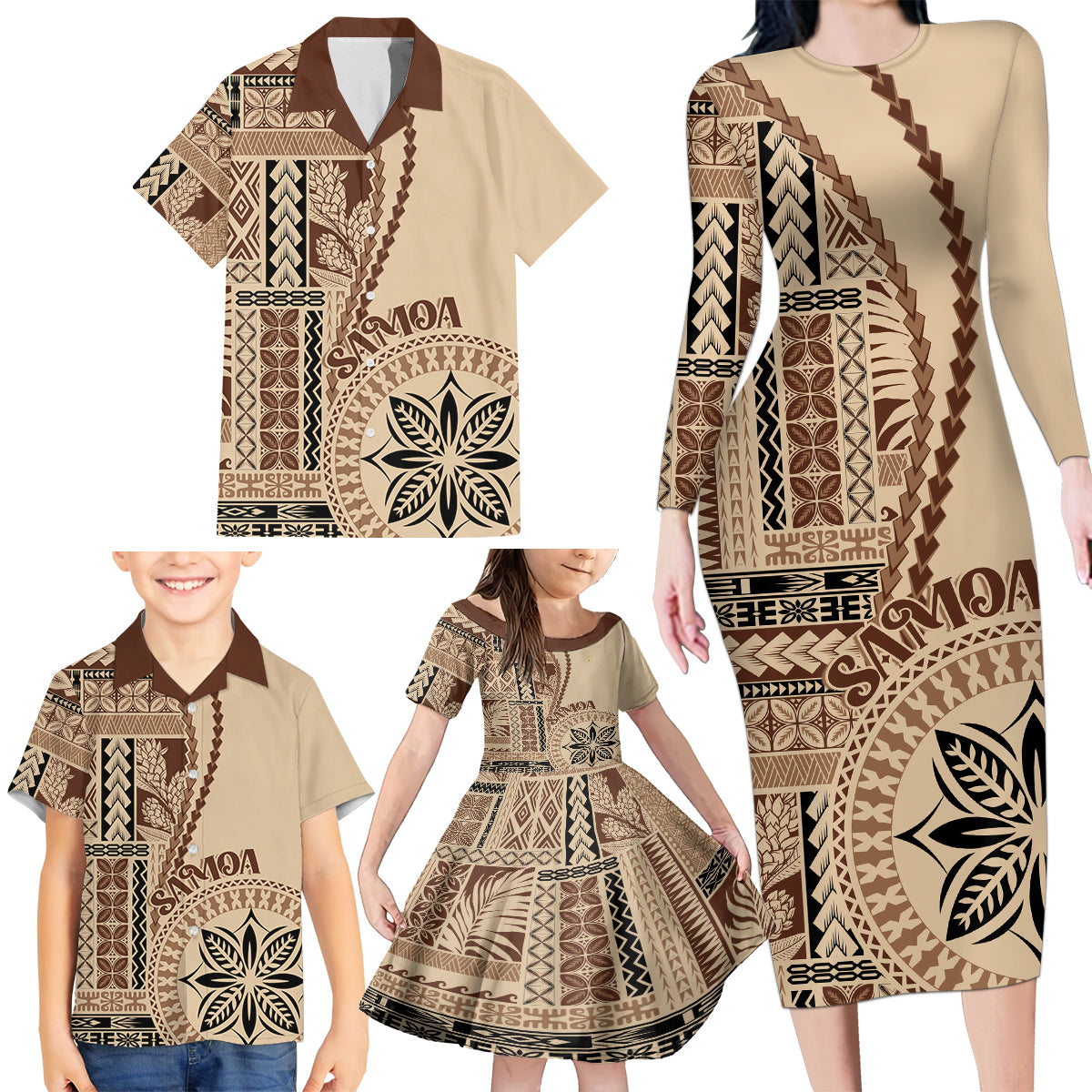 Samoa Siapo Motif Family Matching Long Sleeve Bodycon Dress and Hawaiian Shirt Classic Style LT7 - Polynesian Pride