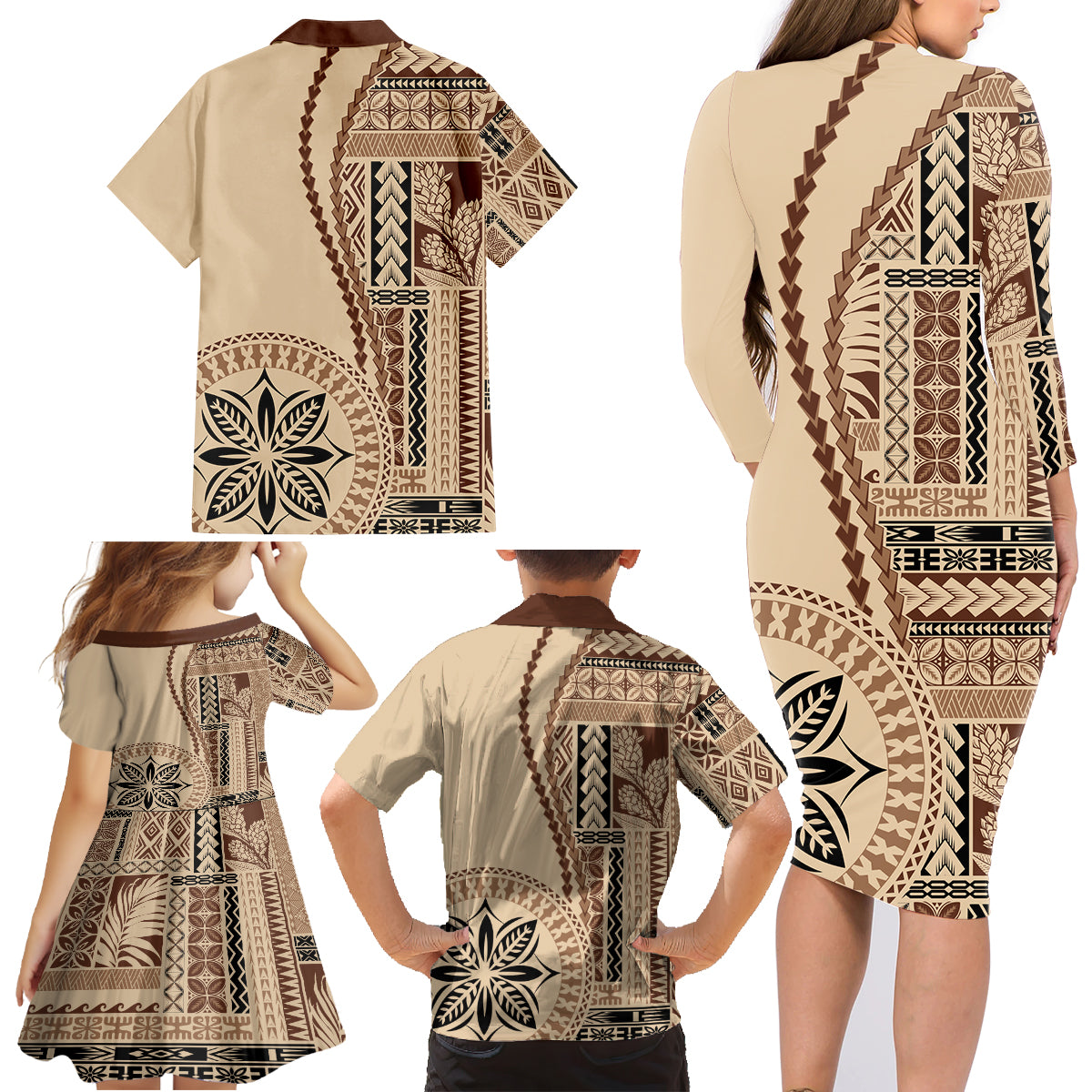 Samoa Siapo Motif Family Matching Long Sleeve Bodycon Dress and Hawaiian Shirt Classic Style LT7 - Polynesian Pride