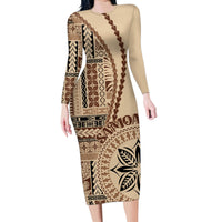 Samoa Siapo Motif Family Matching Long Sleeve Bodycon Dress and Hawaiian Shirt Classic Style LT7 Mom's Dress Beige - Polynesian Pride