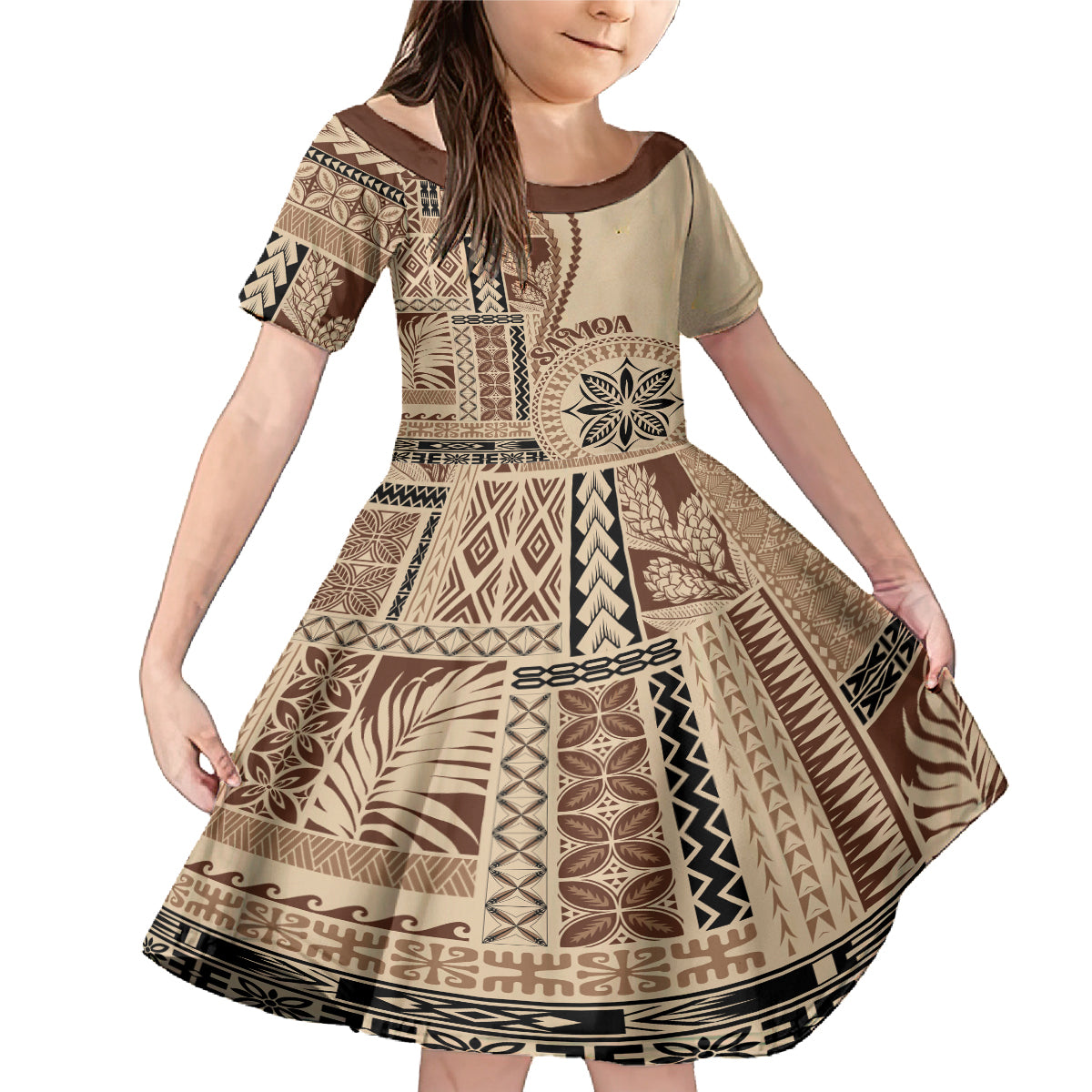 Samoa Siapo Motif Family Matching Mermaid Dress and Hawaiian Shirt Classic Style LT7 Daughter's Dress Beige - Polynesian Pride