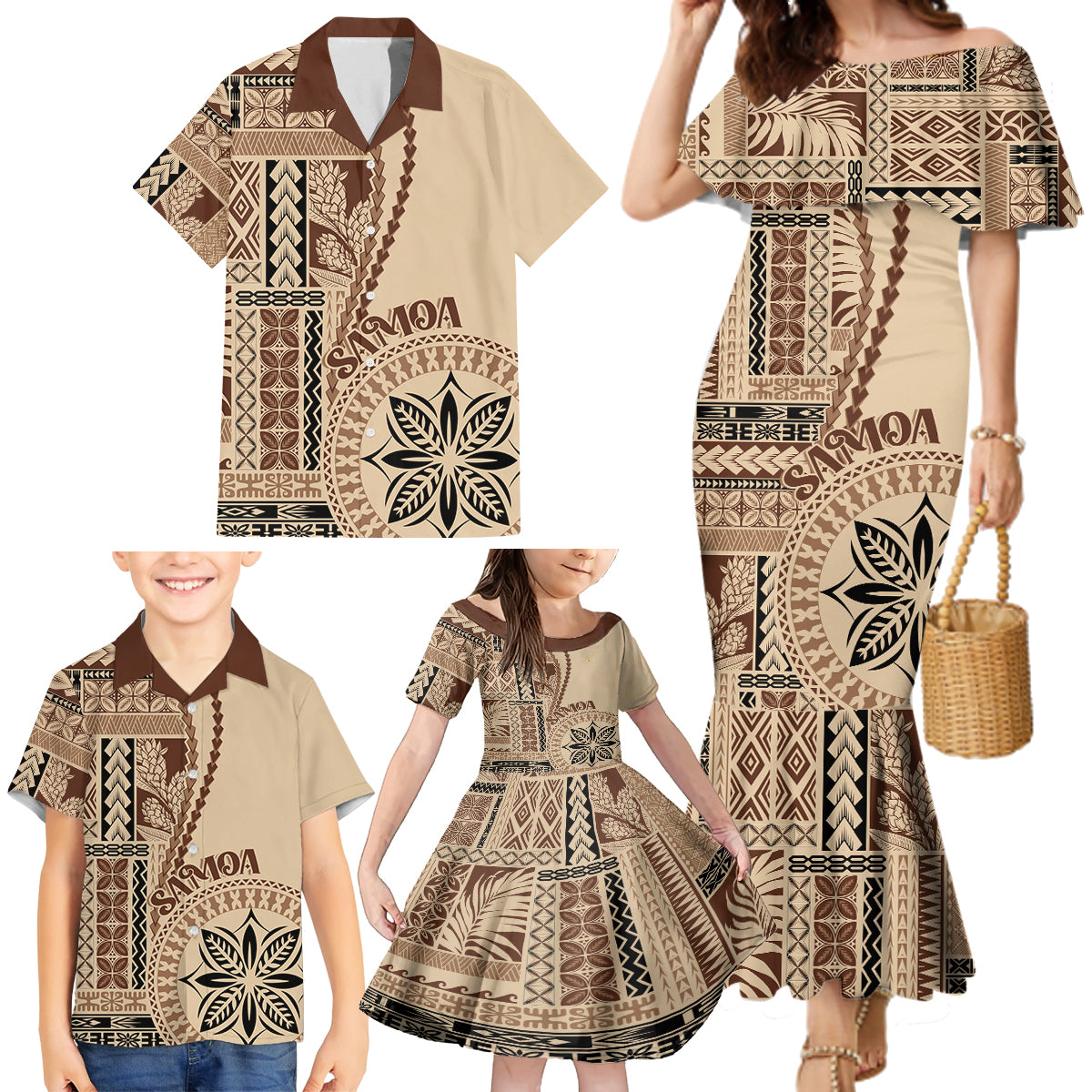 Samoa Siapo Motif Family Matching Mermaid Dress and Hawaiian Shirt Classic Style LT7 - Polynesian Pride