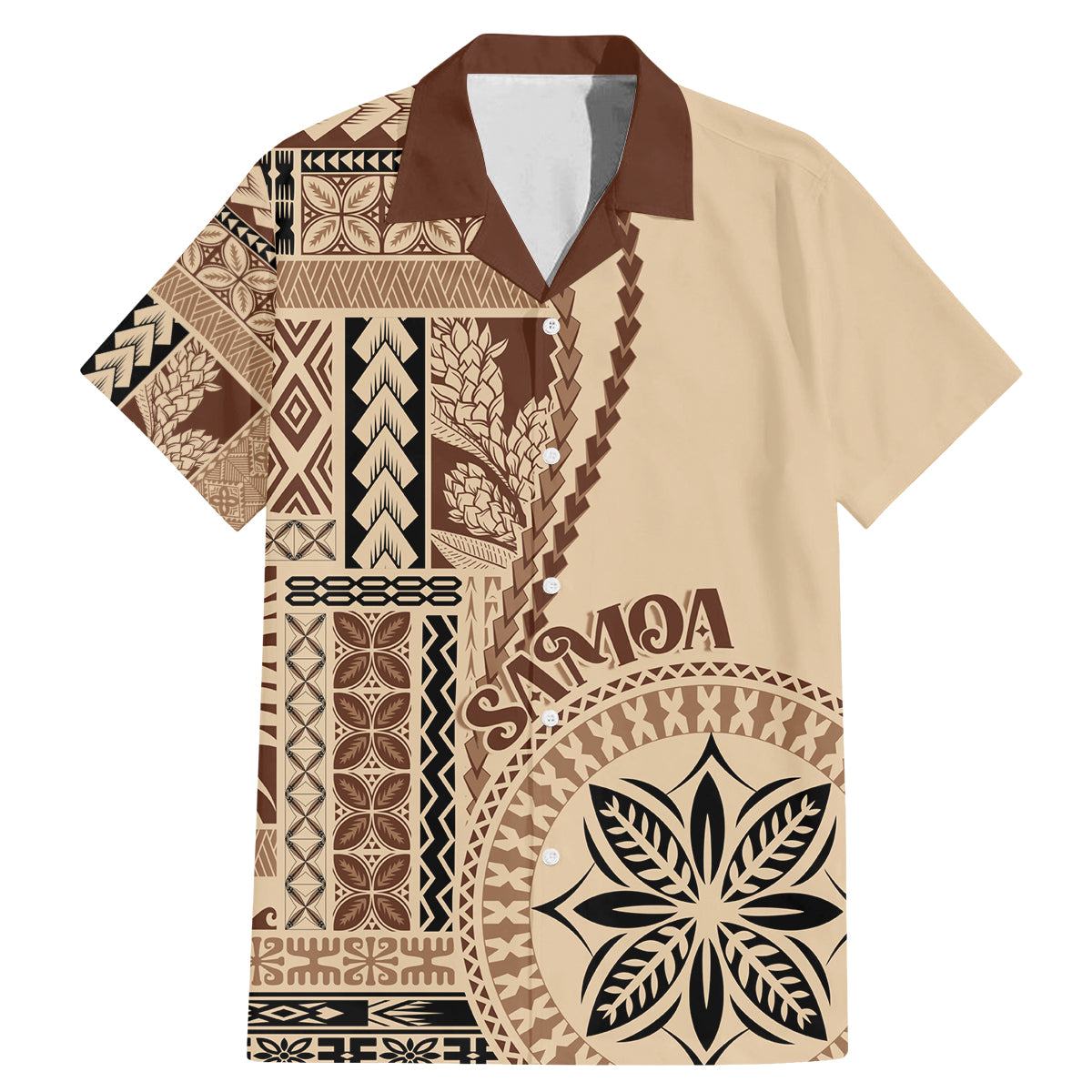 Samoa Siapo Motif Family Matching Mermaid Dress and Hawaiian Shirt Classic Style LT7 Dad's Shirt - Short Sleeve Beige - Polynesian Pride