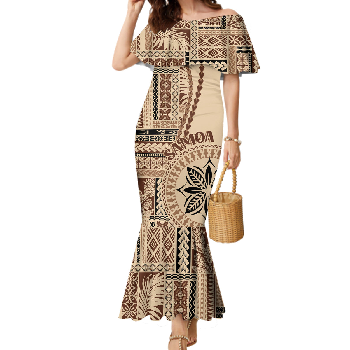 Samoa Siapo Motif Family Matching Mermaid Dress and Hawaiian Shirt Classic Style LT7 Mom's Dress Beige - Polynesian Pride