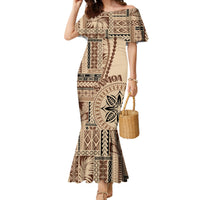 Samoa Siapo Motif Family Matching Mermaid Dress and Hawaiian Shirt Classic Style LT7 Mom's Dress Beige - Polynesian Pride