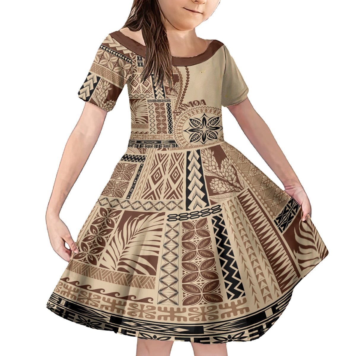 Samoa Siapo Motif Family Matching Off Shoulder Short Dress and Hawaiian Shirt Classic Style LT7 Daughter's Dress Beige - Polynesian Pride
