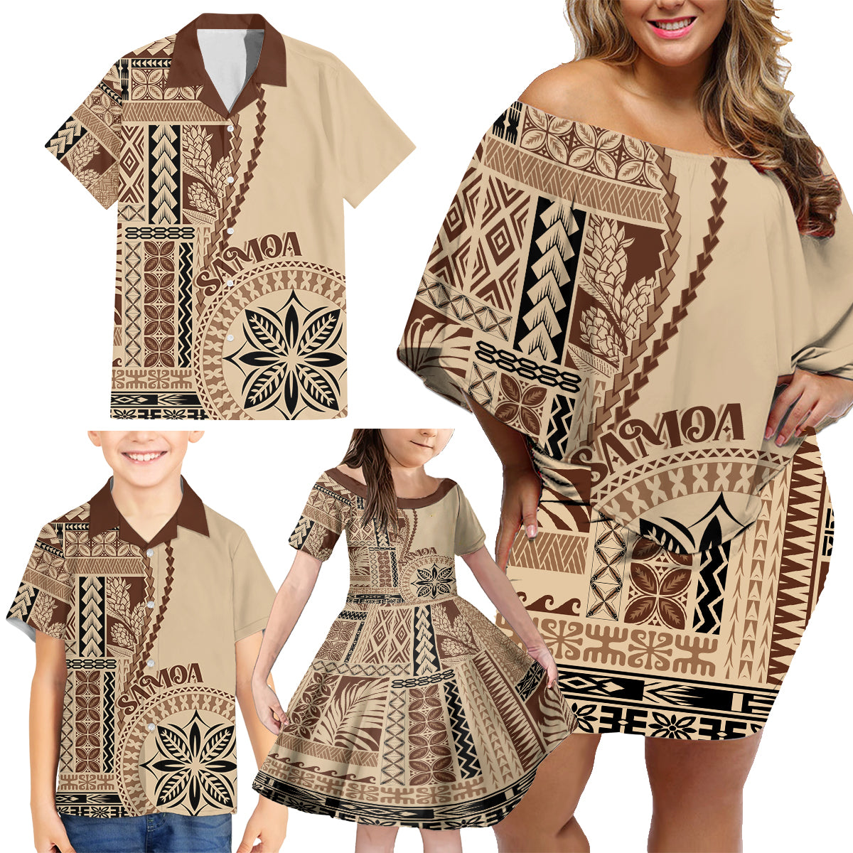 Samoa Siapo Motif Family Matching Off Shoulder Short Dress and Hawaiian Shirt Classic Style LT7 - Polynesian Pride