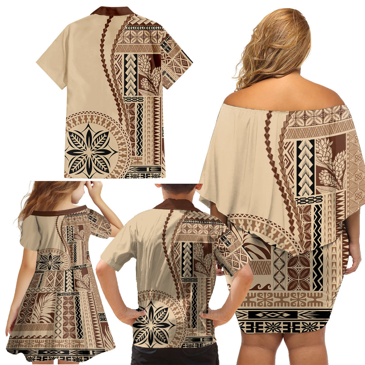 Samoa Siapo Motif Family Matching Off Shoulder Short Dress and Hawaiian Shirt Classic Style LT7 - Polynesian Pride