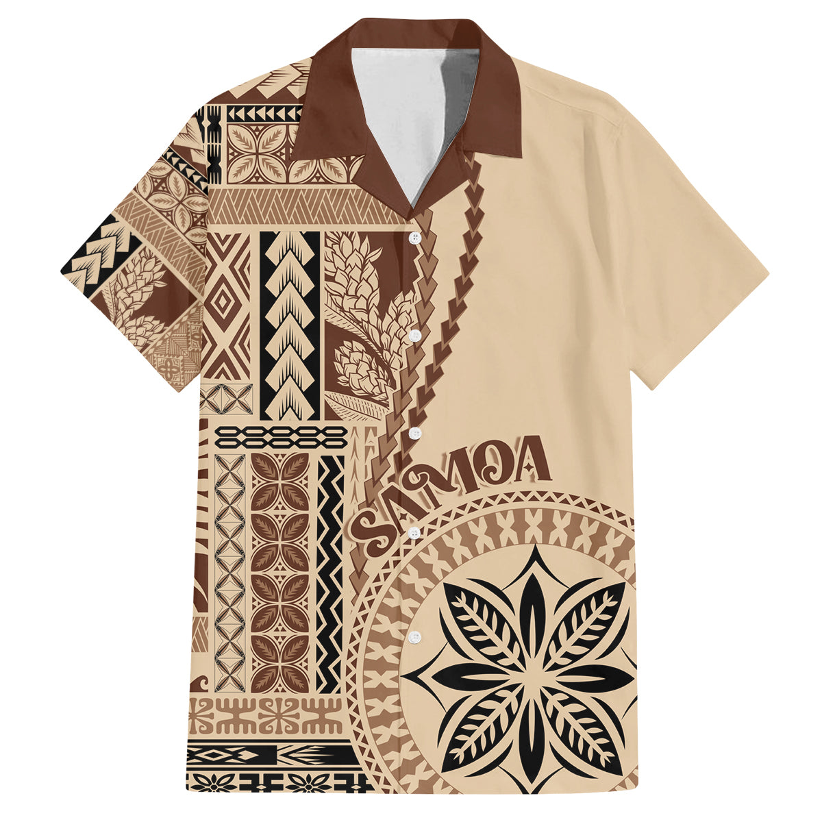 Samoa Siapo Motif Family Matching Off Shoulder Short Dress and Hawaiian Shirt Classic Style LT7 Dad's Shirt - Short Sleeve Beige - Polynesian Pride