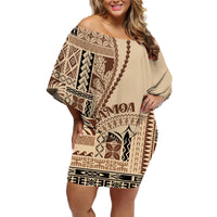 Samoa Siapo Motif Family Matching Off Shoulder Short Dress and Hawaiian Shirt Classic Style LT7 Mom's Dress Beige - Polynesian Pride