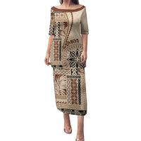 Samoa Siapo Motif Family Matching Puletasi Dress and Hawaiian Shirt Classic Style LT7 Mom's Dress Beige - Polynesian Pride