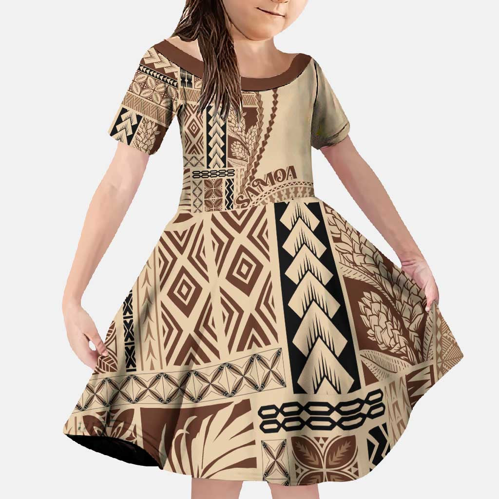 Samoa Siapo Motif Family Matching Short Sleeve Bodycon Dress and Hawaiian Shirt Classic Style LT7 Daughter's Dress Beige - Polynesian Pride