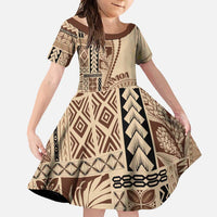 Samoa Siapo Motif Family Matching Short Sleeve Bodycon Dress and Hawaiian Shirt Classic Style LT7 Daughter's Dress Beige - Polynesian Pride