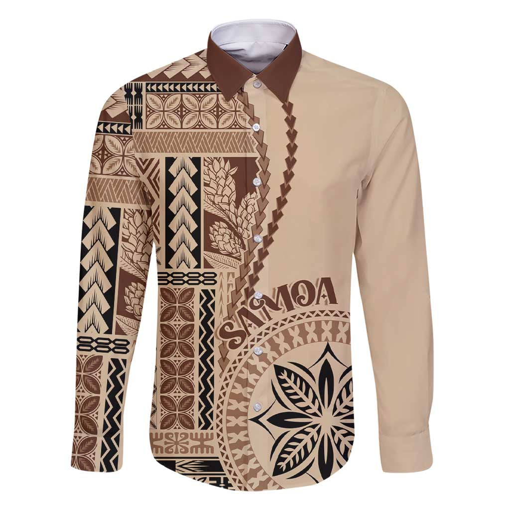 Samoa Siapo Motif Family Matching Short Sleeve Bodycon Dress and Hawaiian Shirt Classic Style LT7 Dad's Shirt - Long Sleeve Beige - Polynesian Pride