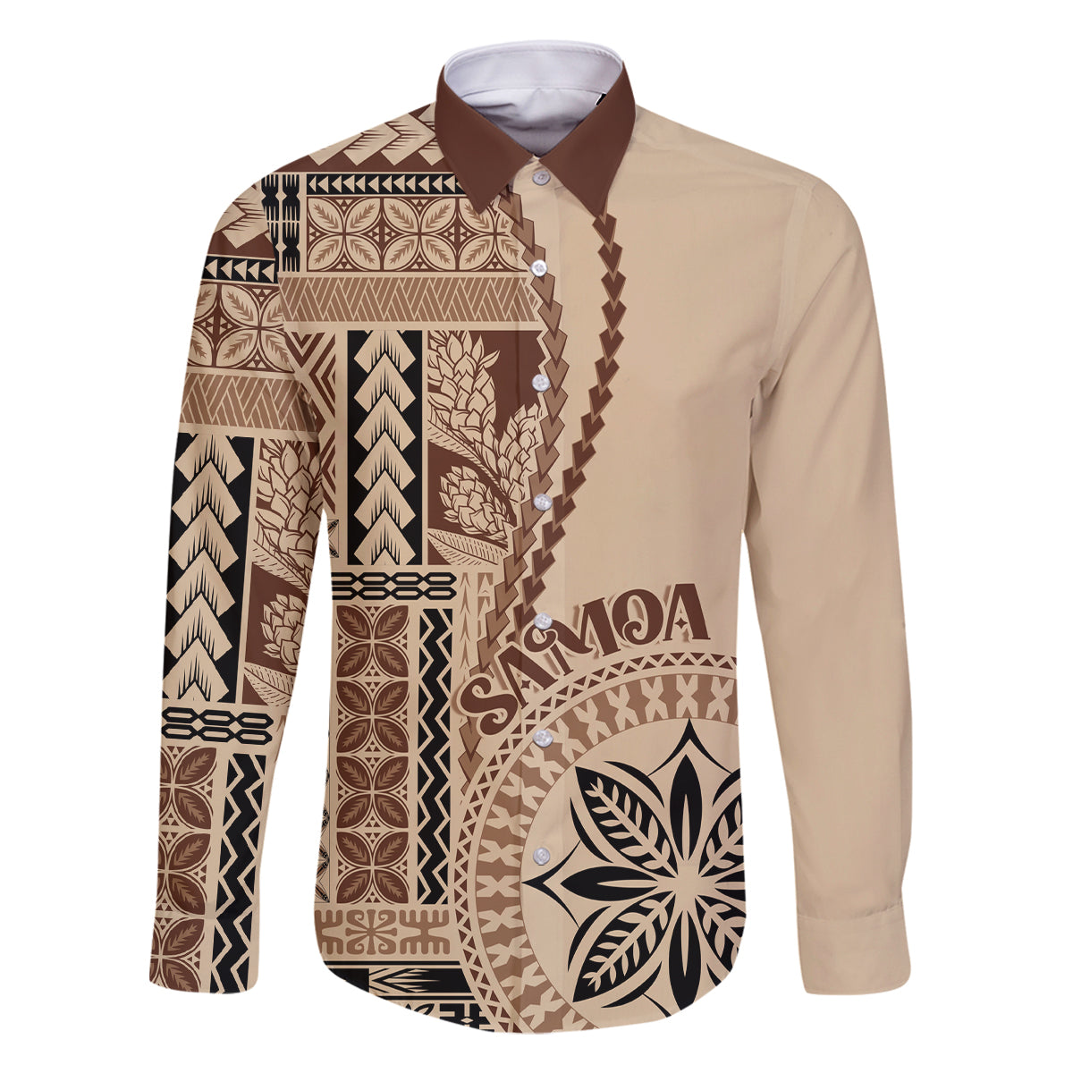 Samoa Siapo Motif Family Matching Summer Maxi Dress and Hawaiian Shirt Classic Style LT7 Dad's Shirt - Long Sleeve Beige - Polynesian Pride