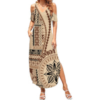 Samoa Siapo Motif Family Matching Summer Maxi Dress and Hawaiian Shirt Classic Style LT7 Mom's Dress Beige - Polynesian Pride