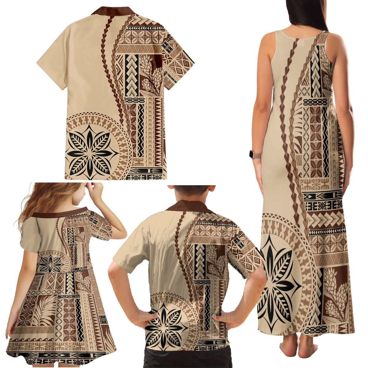 Samoa Siapo Motif Family Matching Tank Maxi Dress and Hawaiian Shirt Classic Style LT7 - Polynesian Pride