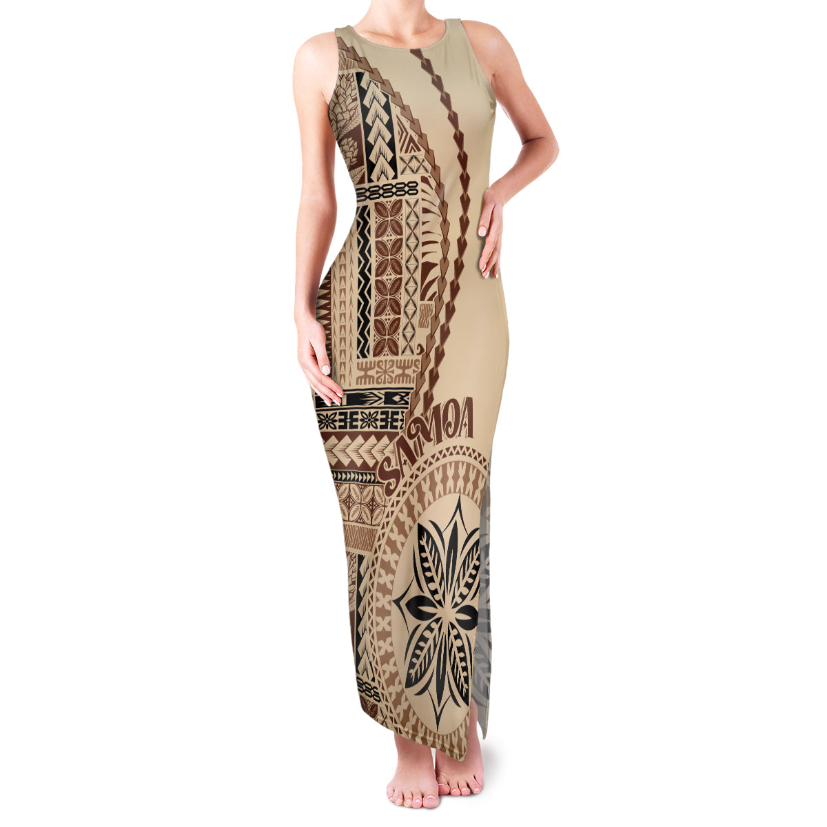 Samoa Siapo Motif Family Matching Tank Maxi Dress and Hawaiian Shirt Classic Style LT7 Mom's Dress Beige - Polynesian Pride