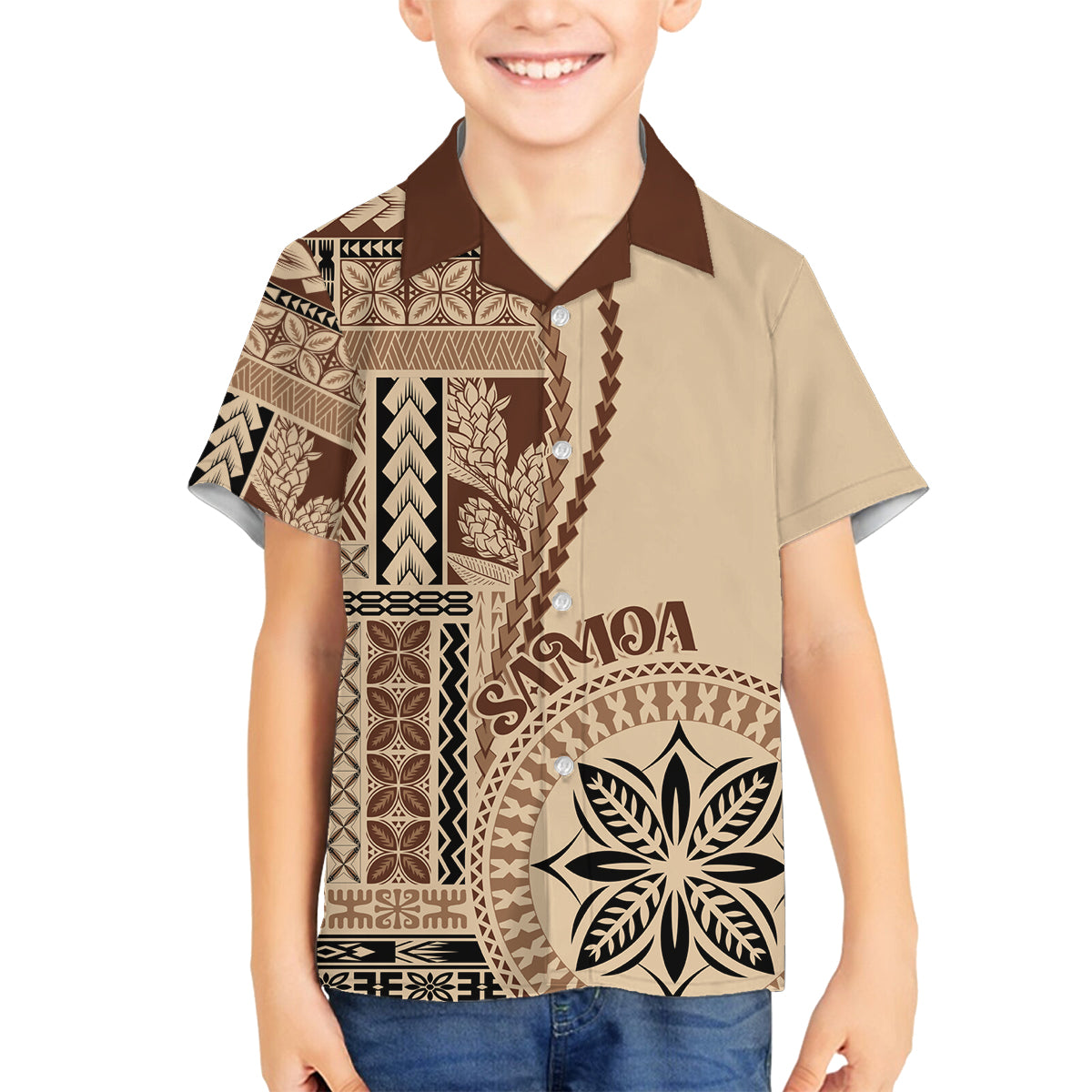 Samoa Siapo Motif Family Matching Tank Maxi Dress and Hawaiian Shirt Classic Style LT7 Son's Shirt Beige - Polynesian Pride