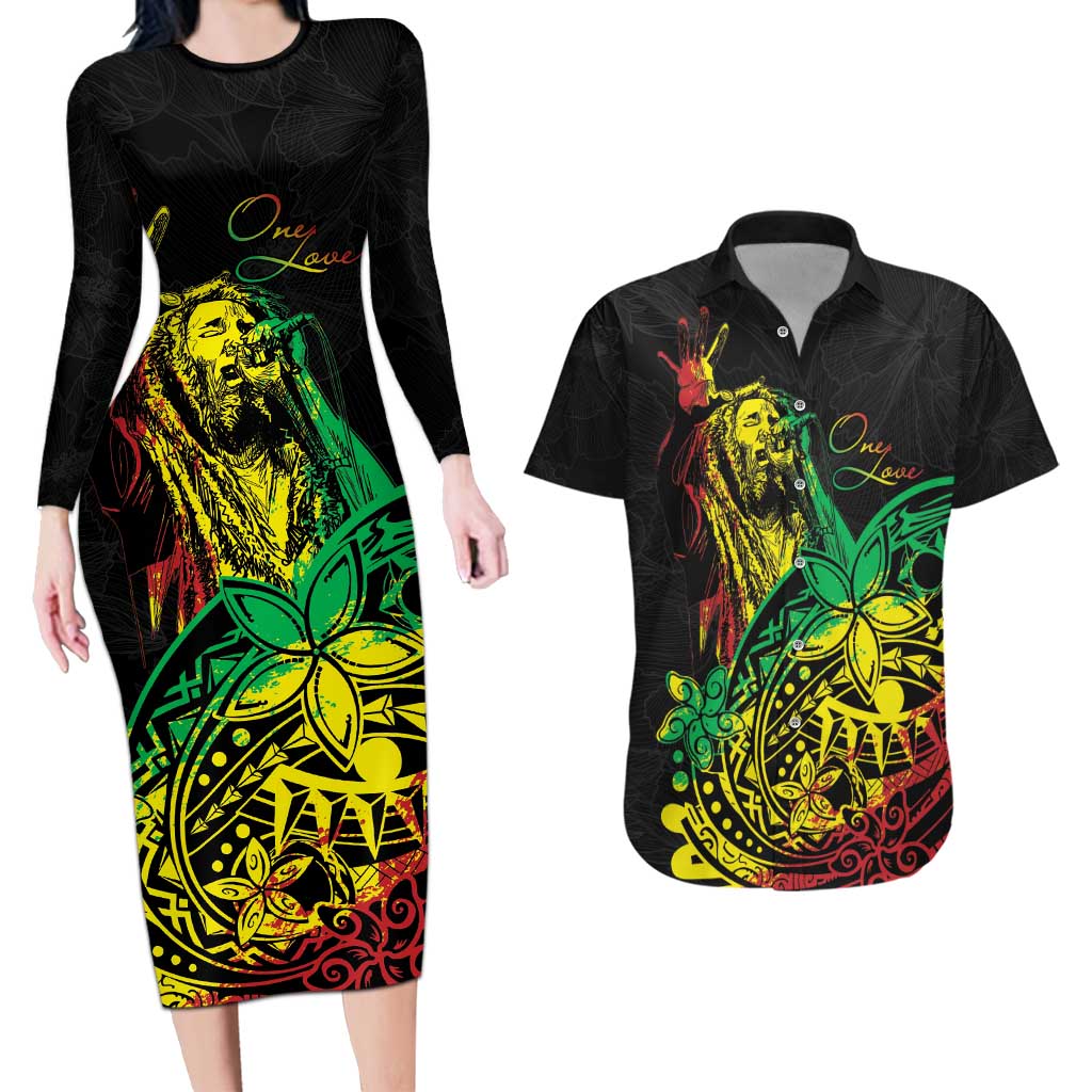 Personalised Reggae Jawaiian Festive Couples Matching Long Sleeve Bodycon Dress and Hawaiian Shirt Mix Polynesian LT7 Reggae - Polynesian Pride