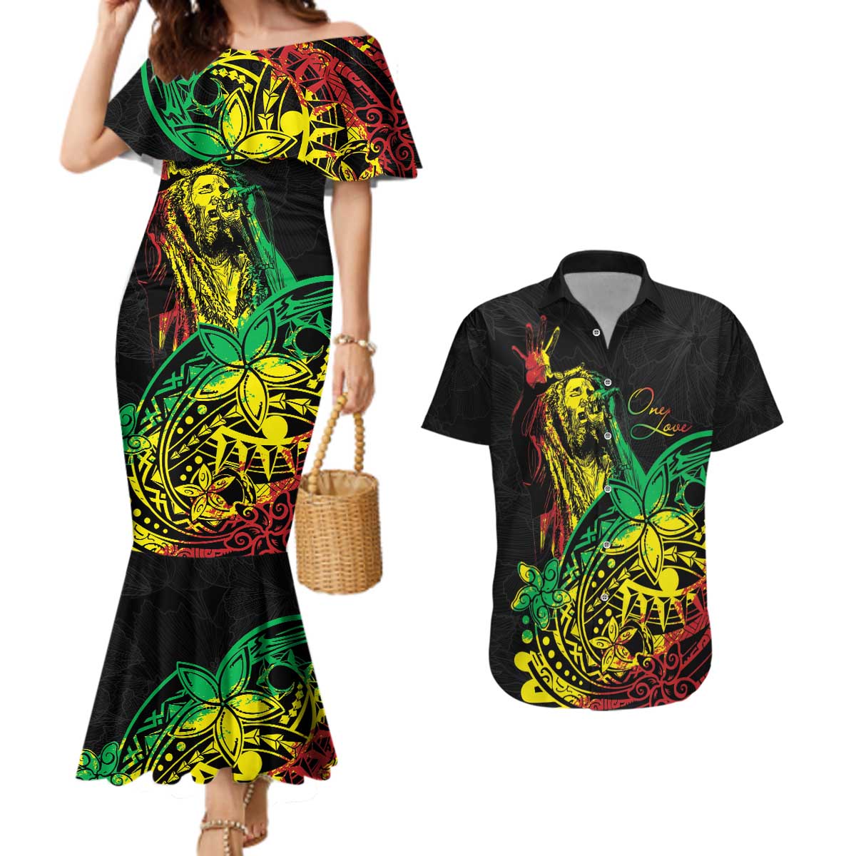 Personalised Reggae Jawaiian Festive Couples Matching Mermaid Dress and Hawaiian Shirt Mix Polynesian LT7 Reggae - Polynesian Pride