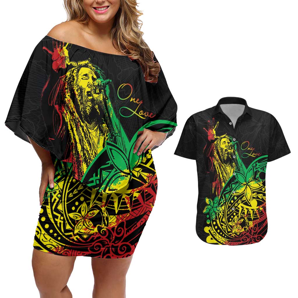 Personalised Reggae Jawaiian Festive Couples Matching Off Shoulder Short Dress and Hawaiian Shirt Mix Polynesian LT7 Reggae - Polynesian Pride