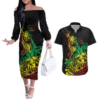 Personalised Reggae Jawaiian Festive Couples Matching Off The Shoulder Long Sleeve Dress and Hawaiian Shirt Mix Polynesian LT7 Reggae - Polynesian Pride