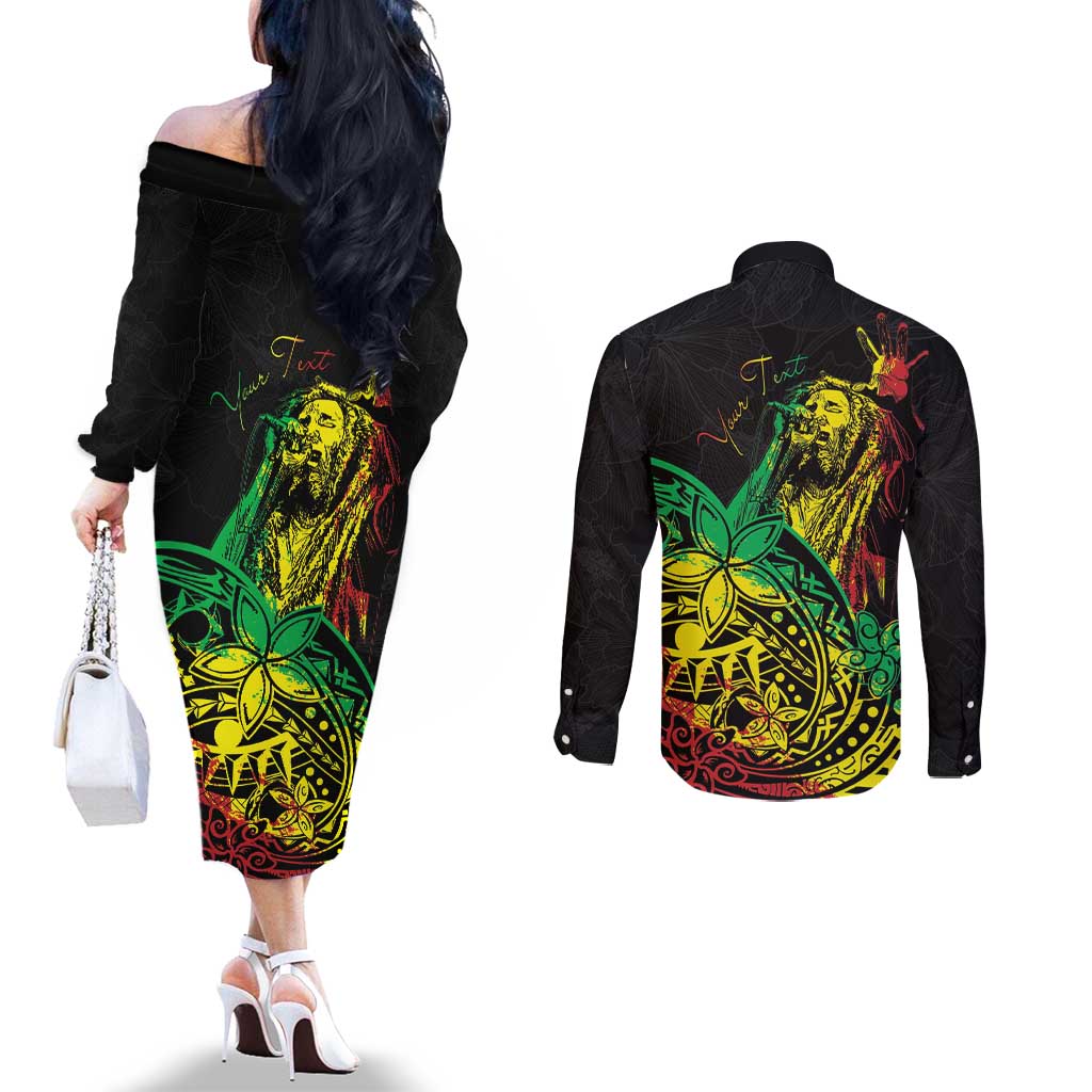 Personalised Reggae Jawaiian Festive Couples Matching Off The Shoulder Long Sleeve Dress and Long Sleeve Button Shirt Mix Polynesian LT7 - Polynesian Pride