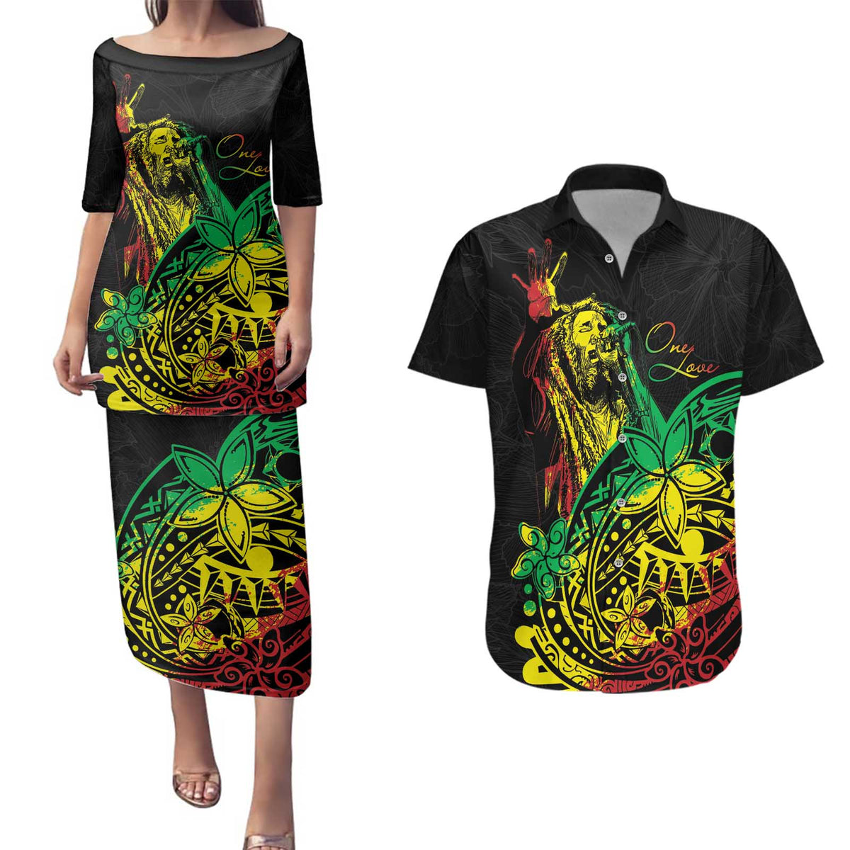 Personalised Reggae Jawaiian Festive Couples Matching Puletasi and Hawaiian Shirt Mix Polynesian