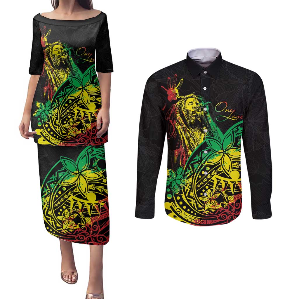 Personalised Reggae Jawaiian Festive Couples Matching Puletasi and Long Sleeve Button Shirt Mix Polynesian