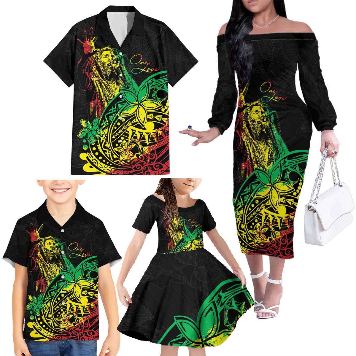 Personalised Reggae Jawaiian Festive Family Matching Off The Shoulder Long Sleeve Dress and Hawaiian Shirt Mix Polynesian LT7 - Polynesian Pride