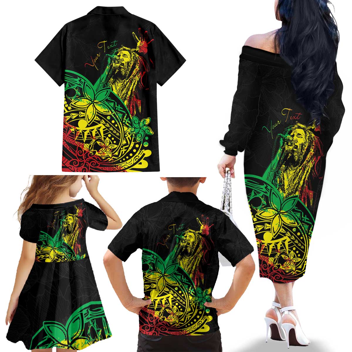 Personalised Reggae Jawaiian Festive Family Matching Off The Shoulder Long Sleeve Dress and Hawaiian Shirt Mix Polynesian LT7 - Polynesian Pride