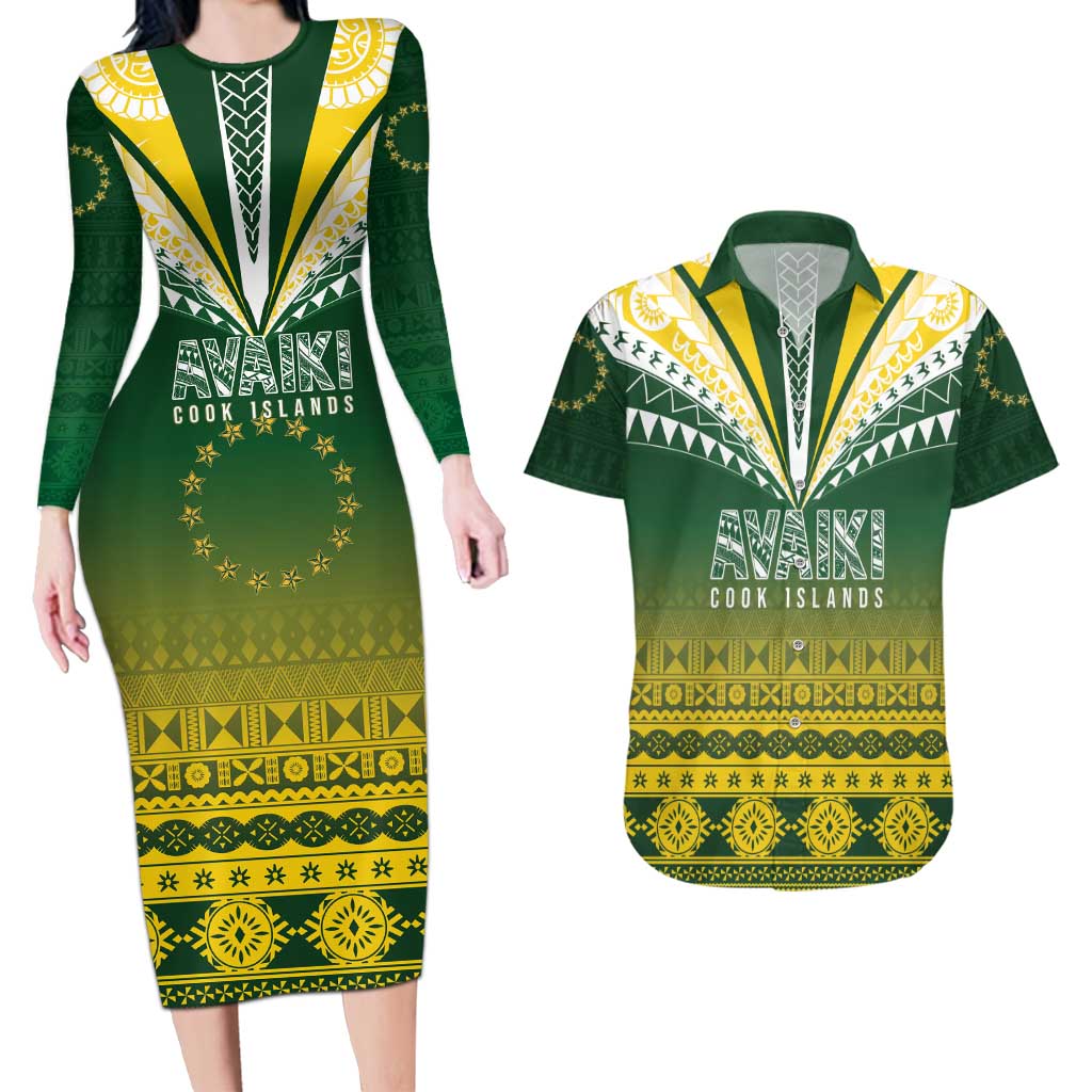 Cook Islands Rugby Custom Couples Matching Long Sleeve Bodycon Dress and Hawaiian Shirt Kuki Avaiki LT7 Yellow Green - Polynesian Pride