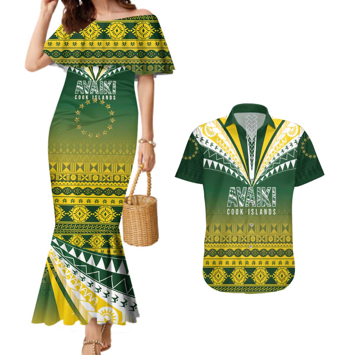 Cook Islands Rugby Custom Couples Matching Mermaid Dress and Hawaiian Shirt Kuki Avaiki LT7 Yellow Green - Polynesian Pride