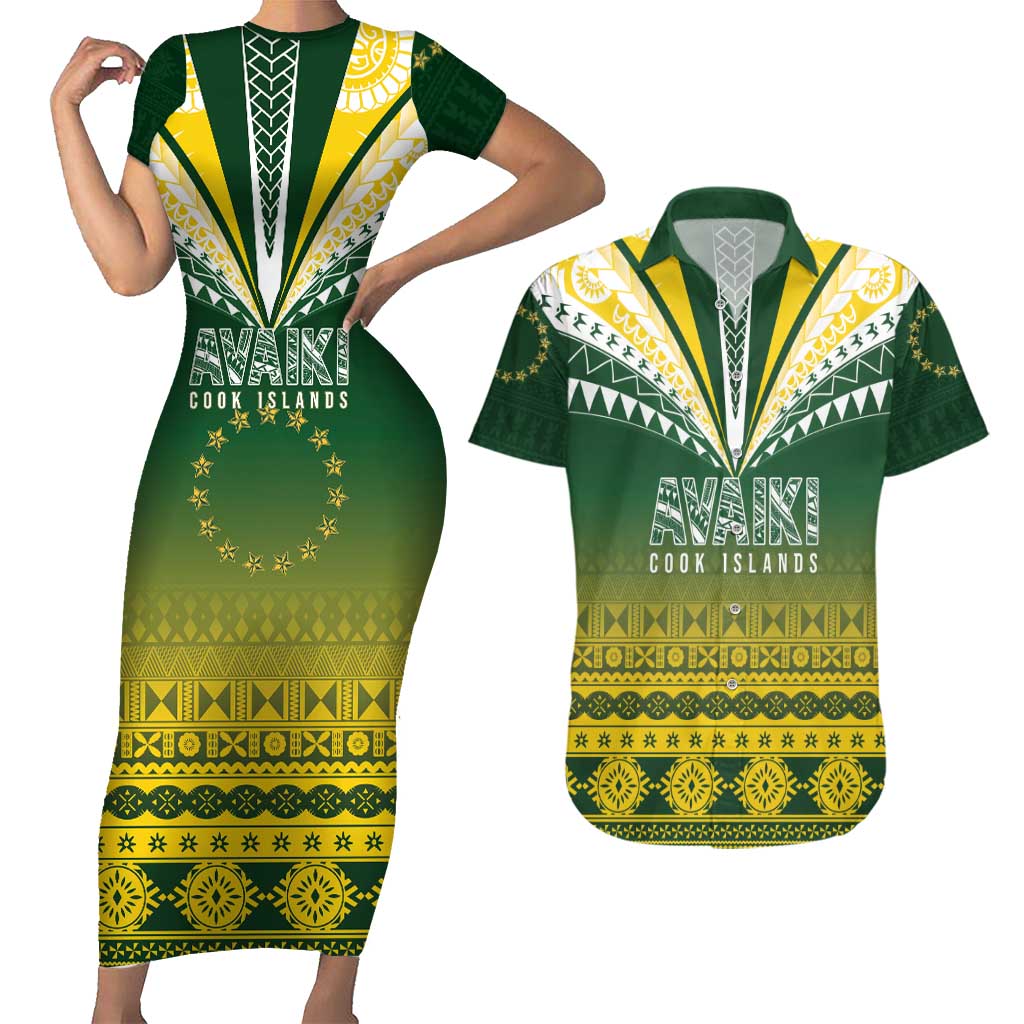 Cook Islands Rugby Custom Couples Matching Short Sleeve Bodycon Dress and Hawaiian Shirt Kuki Avaiki LT7 Yellow Green - Polynesian Pride