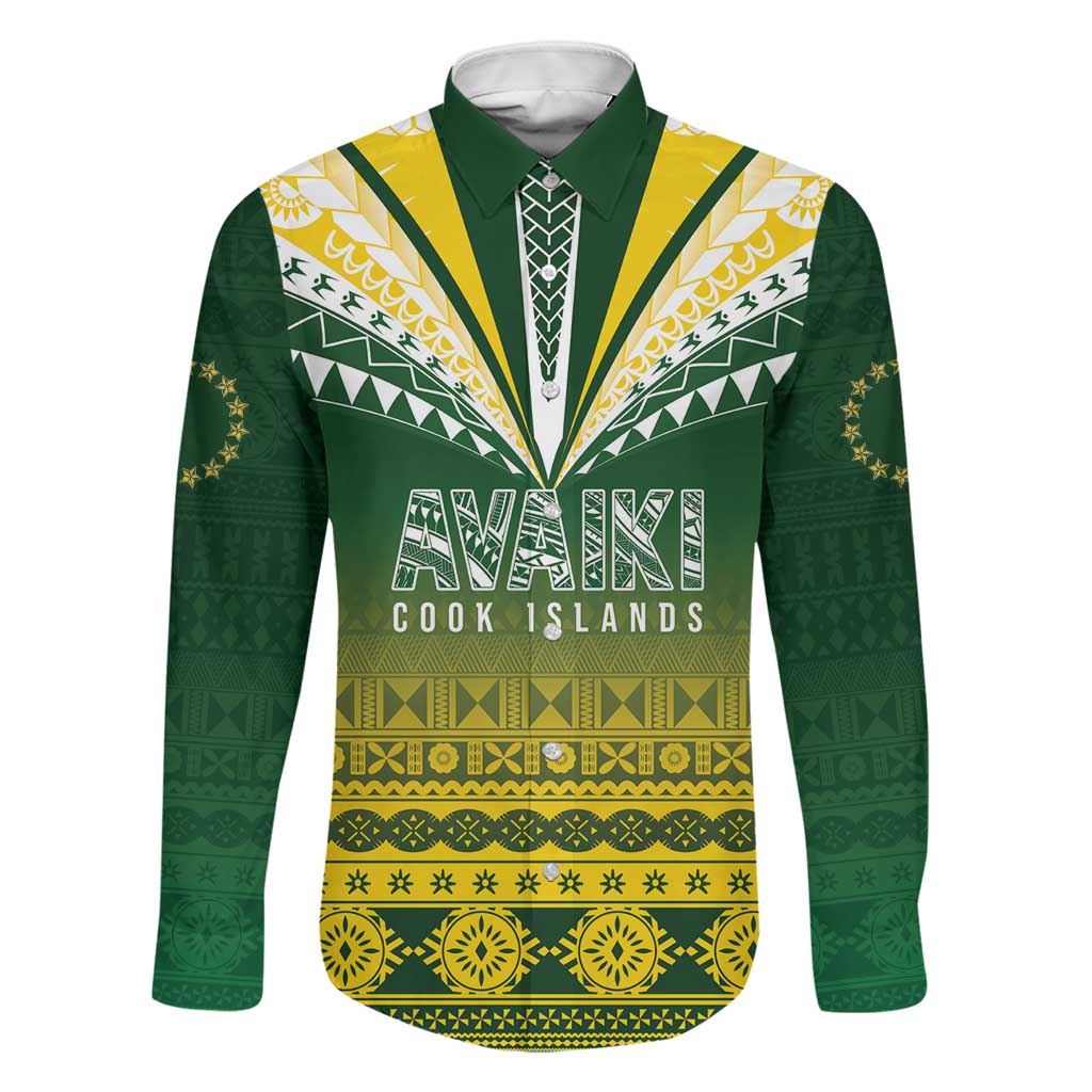 Cook Islands Rugby Custom Family Matching Off Shoulder Maxi Dress and Hawaiian Shirt Kuki Avaiki LT7 Dad's Shirt - Long Sleeve Yellow Green - Polynesian Pride