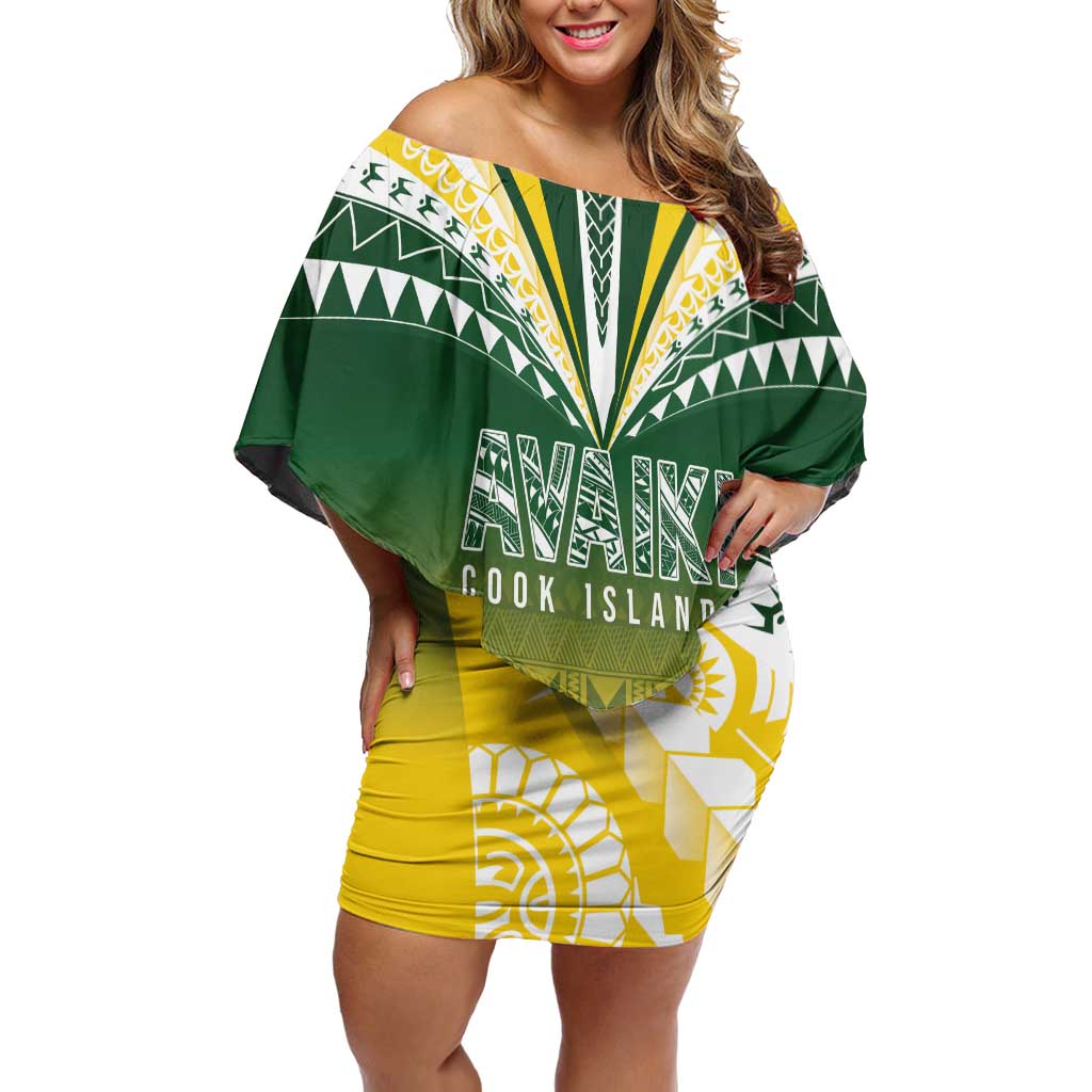 Cook Islands Rugby Custom Family Matching Off Shoulder Short Dress and Hawaiian Shirt Kuki Avaiki LT7 Mom's Dress Yellow Green - Polynesian Pride
