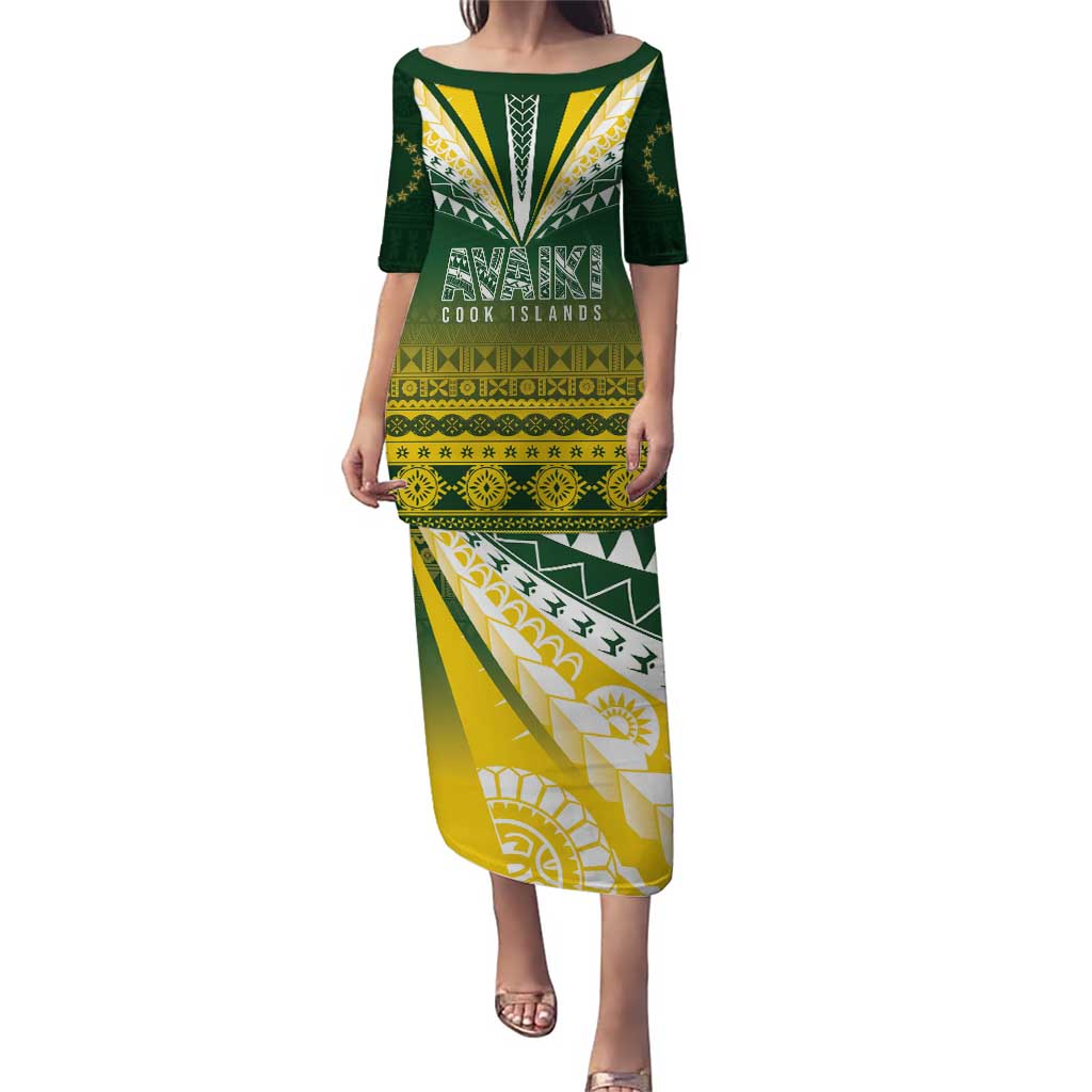 Cook Islands Rugby Custom Family Matching Puletasi and Hawaiian Shirt Kuki Avaiki LT7 Mom's Dress Yellow Green - Polynesian Pride