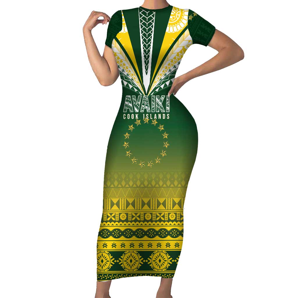 Cook Islands Rugby Custom Family Matching Short Sleeve Bodycon Dress and Hawaiian Shirt Kuki Avaiki LT7 Mom's Dress Yellow Green - Polynesian Pride