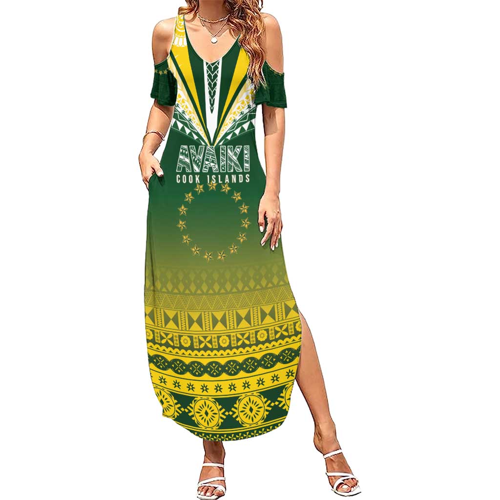Cook Islands Rugby Custom Family Matching Summer Maxi Dress and Hawaiian Shirt Kuki Avaiki LT7 Mom's Dress Yellow Green - Polynesian Pride