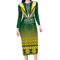 Cook Islands Rugby Custom Long Sleeve Bodycon Dress Kuki Avaiki LT7 Long Dress Yellow Green - Polynesian Pride
