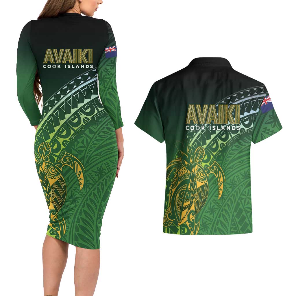 Cook Islands Rugby Kuki Avaiki Couples Matching Long Sleeve Bodycon Dress and Hawaiian Shirt Tribal Turtle LT7 - Polynesian Pride