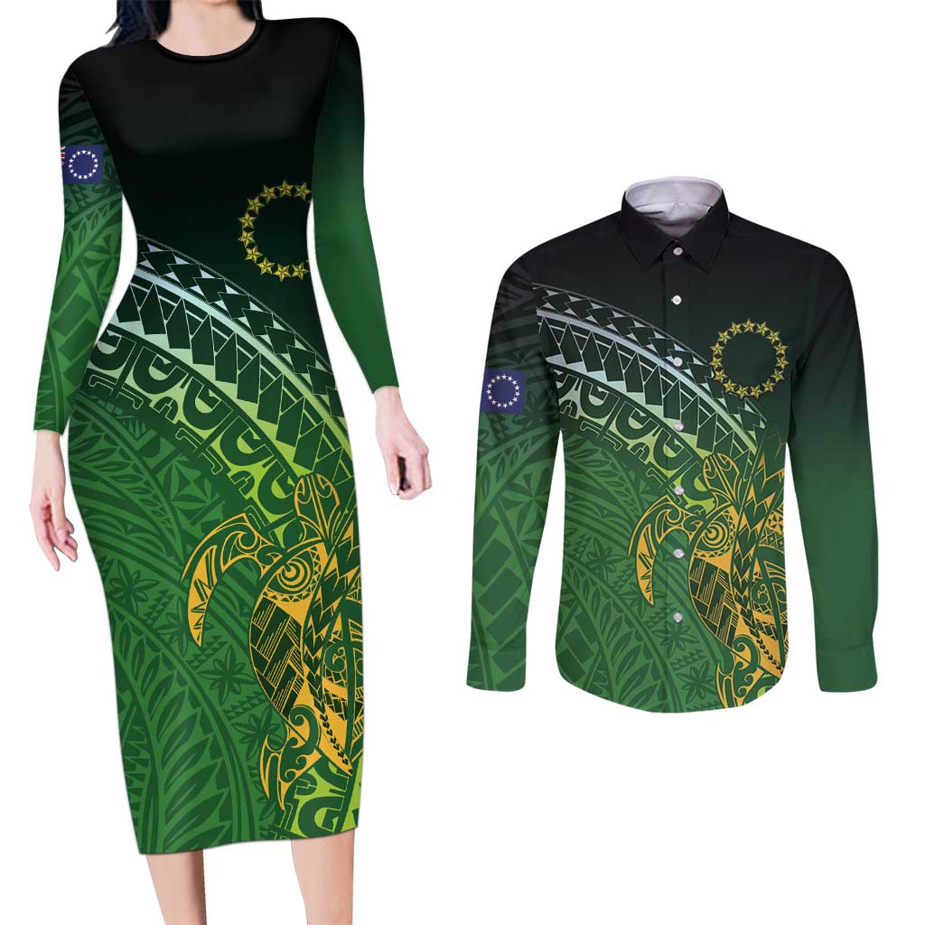 Cook Islands Rugby Kuki Avaiki Couples Matching Long Sleeve Bodycon Dress and Long Sleeve Button Shirt Tribal Turtle LT7 Dark Green - Polynesian Pride