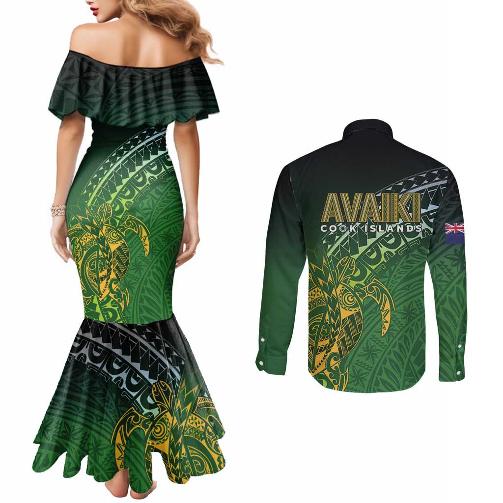 Cook Islands Rugby Kuki Avaiki Couples Matching Mermaid Dress and Long Sleeve Button Shirt Tribal Turtle LT7 - Polynesian Pride